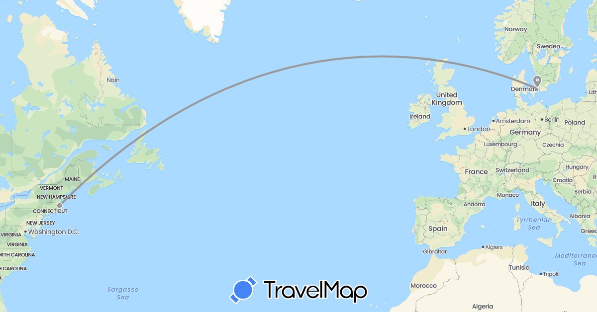 TravelMap itinerary: driving, plane in Denmark, United States (Europe, North America)